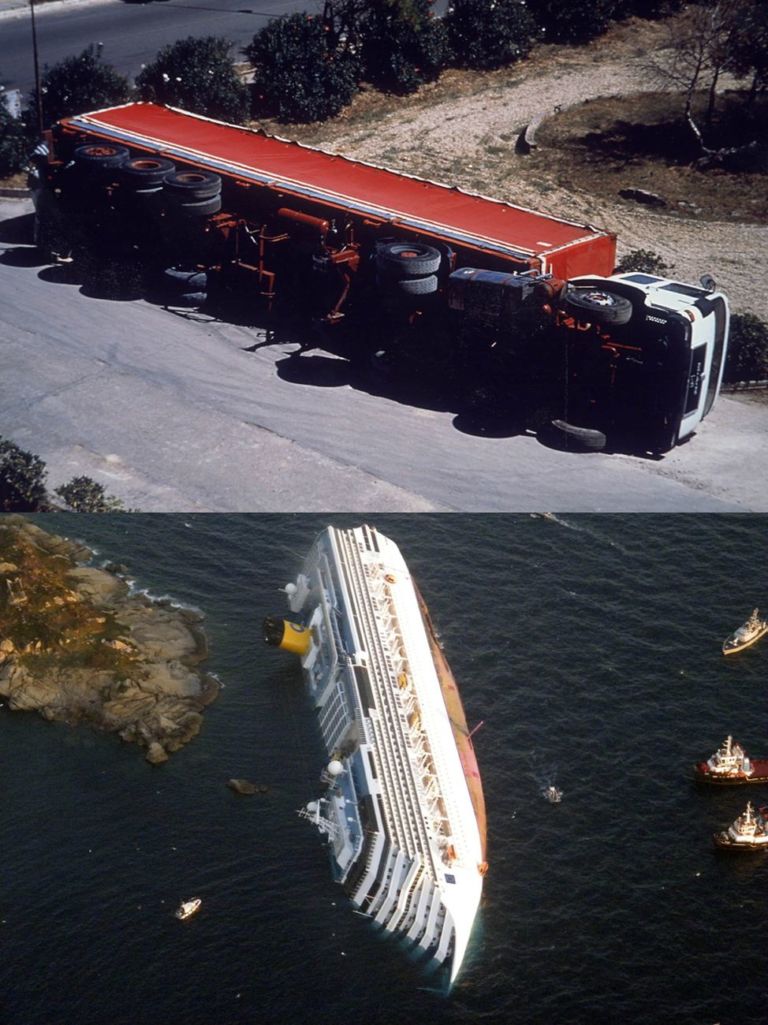 Sopra, il camion rovesciato di Paola Pivi _ sotto, la Costa Concordia semiaffondata