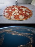 Sopra, la pizza gigante di Paola Pivi _ sotto, una veduta prospettica della Terra