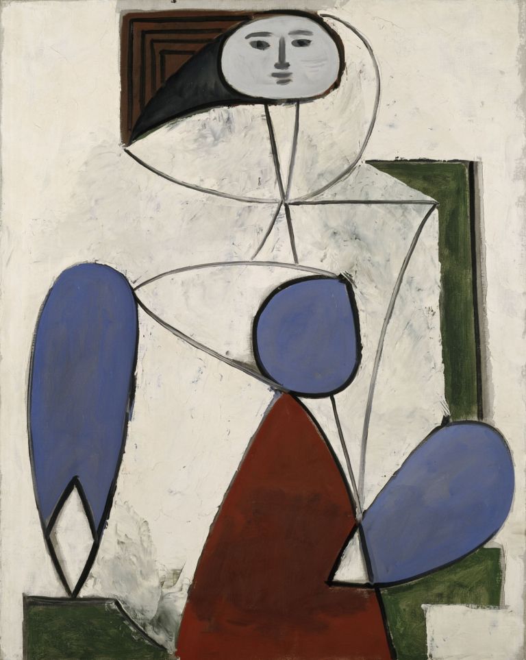 Pablo Picasso. Femme dans un fauteuil [Woman in an Armchair] Paris, 2 abril 1947 Oil on canvas, 92 x 72.5 cm Musée national Picasso-Paris. Jacqueline Picasso Acceptance in Lieu, 1990. On loan to Musée Picasso, Antibes © RMN-Grand Palais (Musée national Picasso-Paris)/Gérard Blot © Sucesión Pablo Picasso, VEGAP, Madrid, 2019