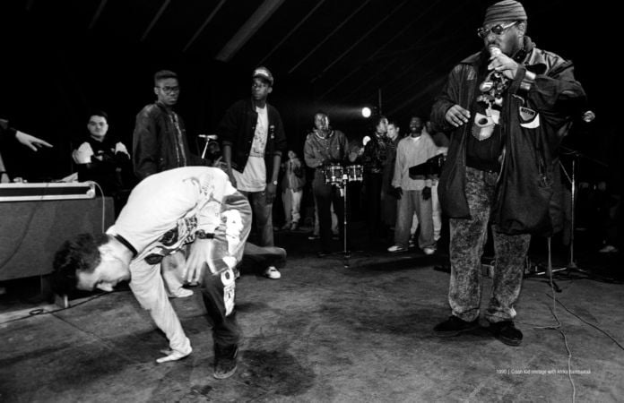 1990, Crash Kid onstage with Afrika Bambaataa