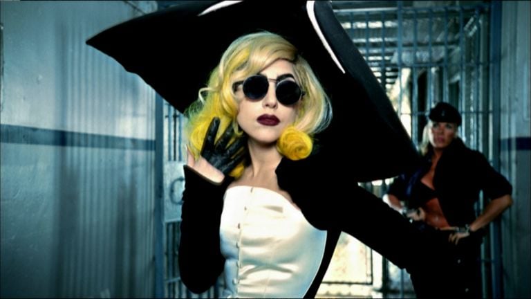 Lady Gaga in the video for the song “Telephone” (The Fame Monster album), 2010, directed by Jonas Åkerlund. Outfit Thierry Mugler, Anniversaire des 20 ans collection, prêt-à-porter fallwinter 1995–1996
