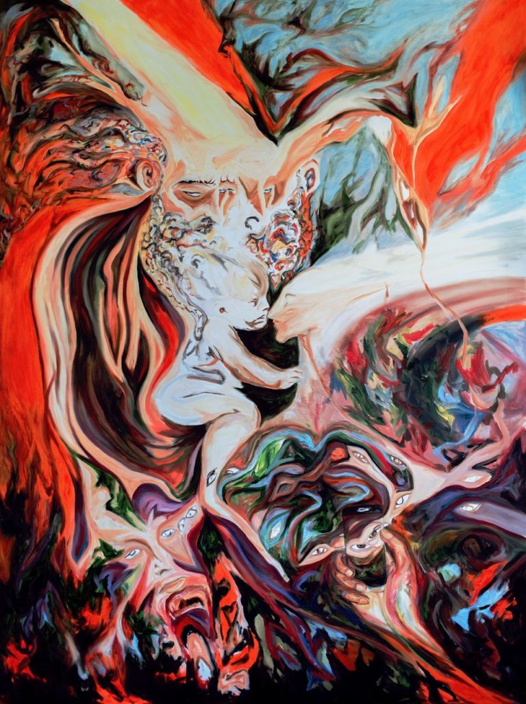 Alessandro Giannì, L’inganno fluido e diversificato del tempo, 2017, oil on canvas, 200 x 150 cm
