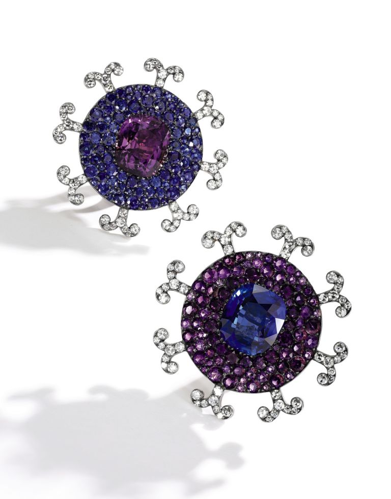 Amethyst, Ceylon sapphire and diamond ear clips, JAR credits Sotheby's