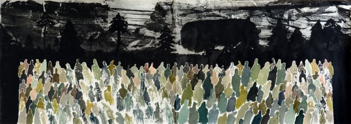 Andrea Barzaghi, Spettatori, 2017, acrilico su carta, 42x118,9 cm