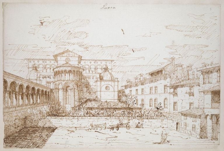 Bernardo Bellotto, La cattedrale di San Martino, dalla parte absidale, con il chiostro, Lucca, 1740. Londra, British Library