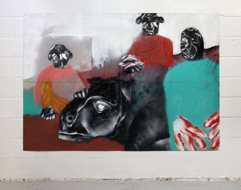 Enne Boi, Hunting, 2014, oil and spray paint on plastic coated paper, 200x140 cm [hung]