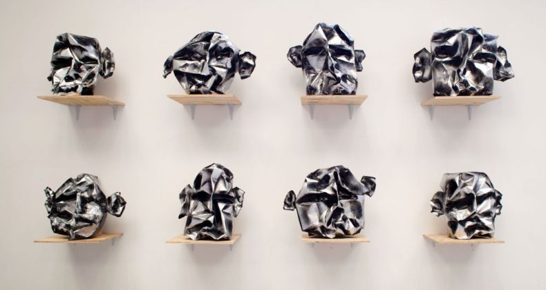 Enne Boi, Metal Masks, 2014, metal, adhesive tape, spraypaint, wood, 280x120x40 cm