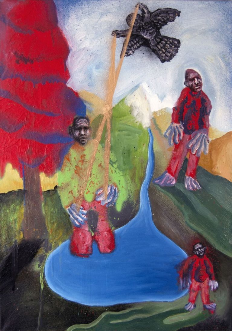 Enne Boi, Oreste receives the stigmata, 2015, oil and spray paint on canvas, 50x70 cm