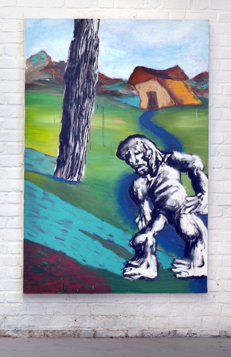 Enne Boi, Oreste reflects on the precariousnewss of his pictorial existence watching his shadow, 2014, oil and spray paint on canvas, 120x177 cm [hung]