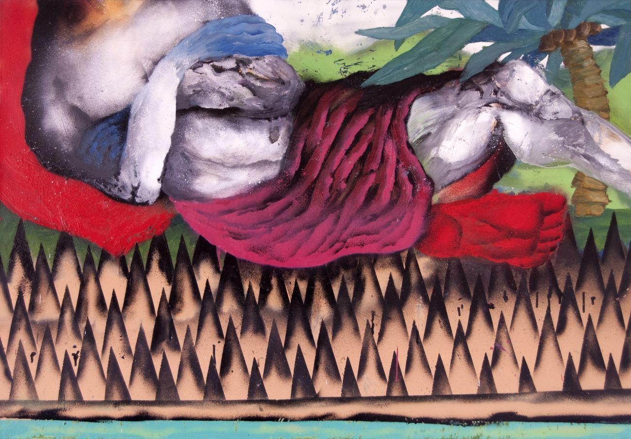 Enne Boi, The Painter's Position, 2015, olio e pittura spray su tela, 70x100 cm