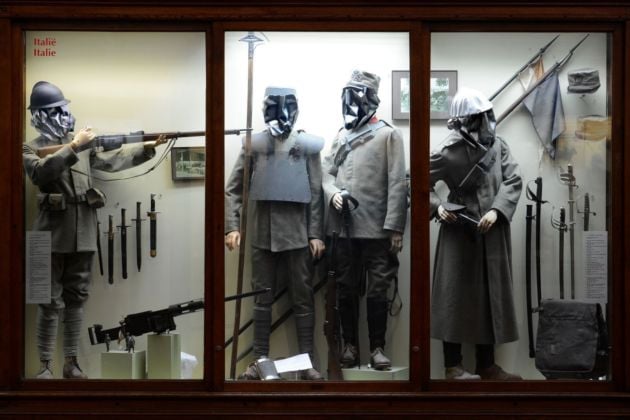 Enne Boi, WAR MASKS, 2016. Royal Military Museum (Brussels), site specific installation, 53 masks, aluminium and spray paint
