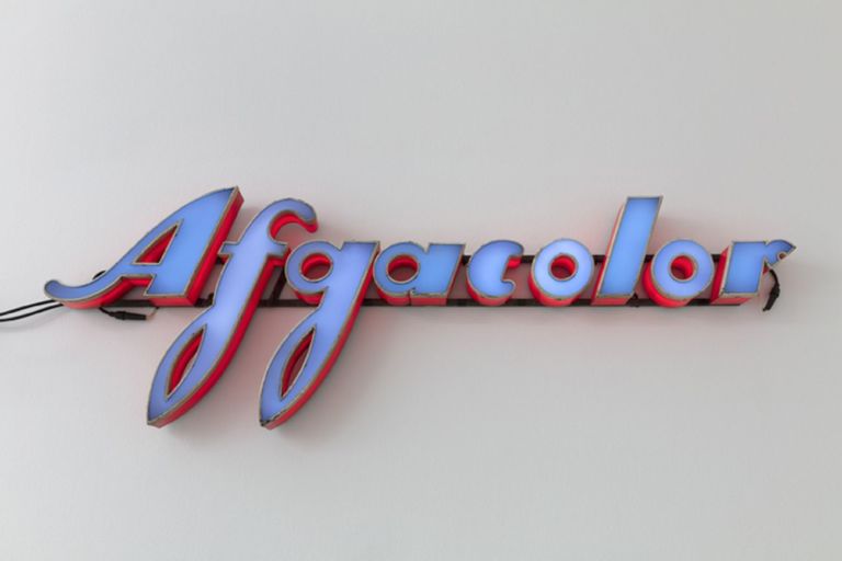 Flavio Favelli, Afgacolor, 2019, assemblage of signs, 55x165x10 cm, photo Andrea Rossetti