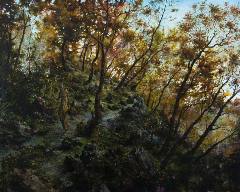 Francesco De Grandi, Giovanni Battista tra le piante sacre, 2017 18, olio su tela, 120x150 cm. Collezione De Iorio, Trento
