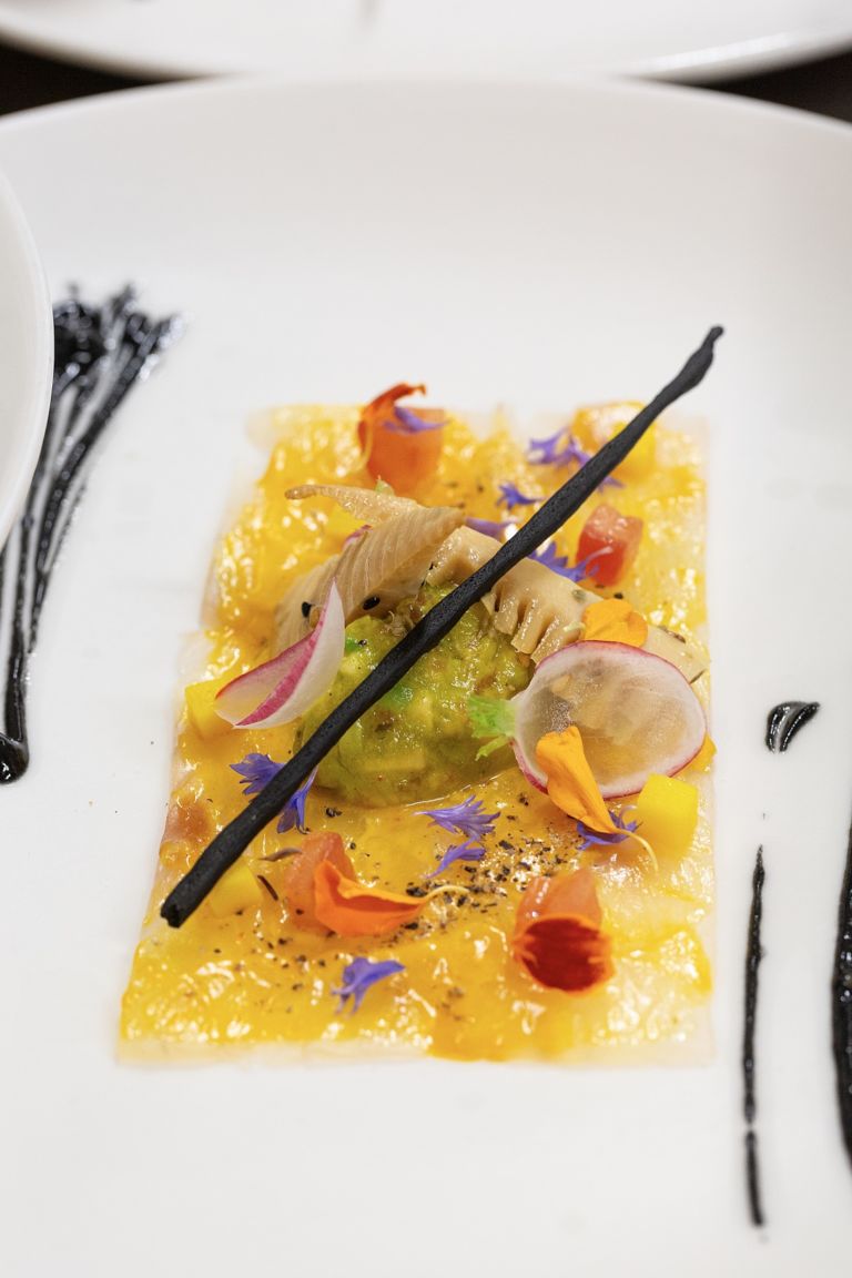 Guy Martin, Thinly sliced sea bass, avocado and bamboo shoots goji berries