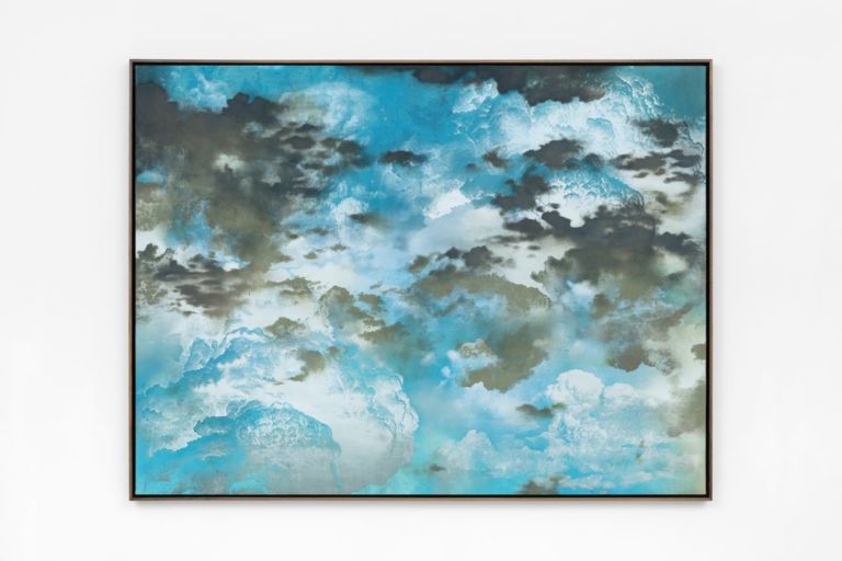 Jay Heikes, Mother Sky, 2019. Oil on stained canvas 147 x 194 x 6,5 cm. Courtesy Jay Heikes and Federica Schiavo Gallery
