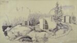 Marcello D’Olivo, Pineland, progetto per un villaggio turistico a Forni di Sopra, prospettiva, disegno a china su lucido. Courtesy Archivio D’Olivo, Gallerie del Progetto, Civici Musei di Udine