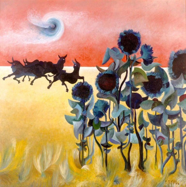 Marcello D’Olivo, Girasoli e tori blu, 1958, olio su tavola. Courtesy Casa Cavazzini, Museo di arte moderna e contemporanea, Civici Musei di Udine
