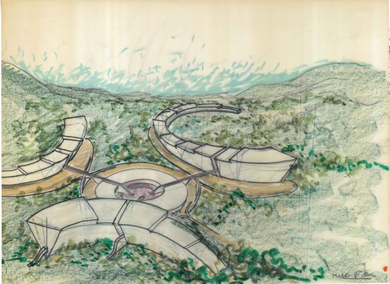 Marcello D’Olivo, Gradiente, prospettiva, schizzo a matita, pastelli e pennarelli su lucido. Courtesy Archivio D’Olivo, Gallerie del Progetto, Civici Musei di Udine