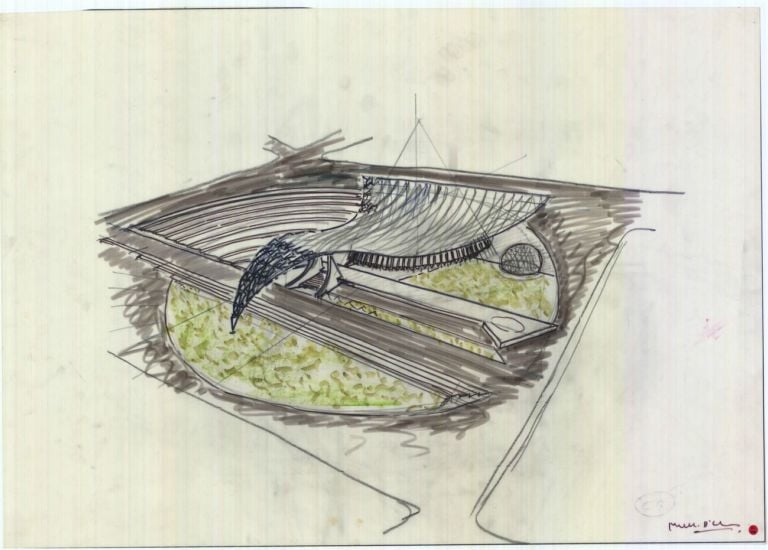 Marcello D’Olivo, Uccellaccio, vista a volo d’uccello, pennarelli e carboncino su lucido. Courtesy Archivio D’Olivo, Gallerie del Progetto, Civici Musei di Udine