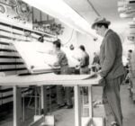 Marcello D’Olivo nello studio di via Savorgnana, Udine, 1957 58. Photo Gianni Cotterli. Courtesy Archivio D’Olivo, Gallerie del Progetto, Civici Musei di Udine