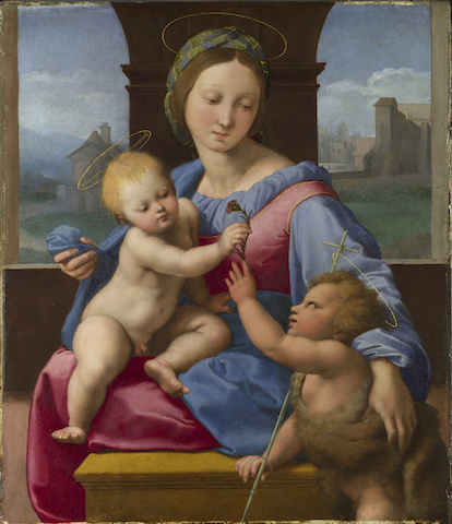 Raphael The Madonna and Child with the Infant Baptist (The Garvagh Madonna) Short title: The Garvagh Madonna about 1509-10 Oil on wood 38.9 x 32.9 cm © The National Gallery, London