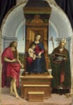 Raphael The Madonna and Child with Saint John the Baptist and Saint Nicholas of Bari ('The Ansidei Madonna') Short title: The Ansidei Madonna 1505 Oil on poplar 216.8 x 147.6 cm © The National Gallery, London