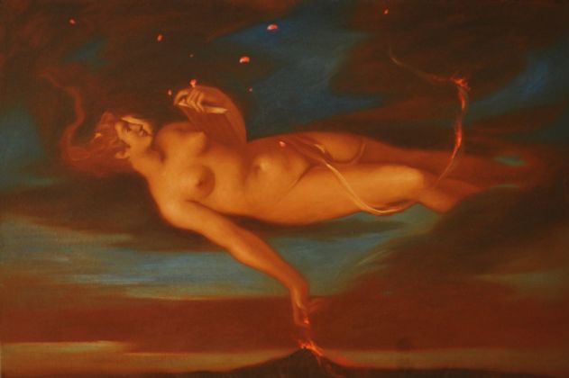 Omar Galliani, Cavalieri dell'ellissi, 1984, olio su tela, cm. 91x137. Courtesy Studio Vigato