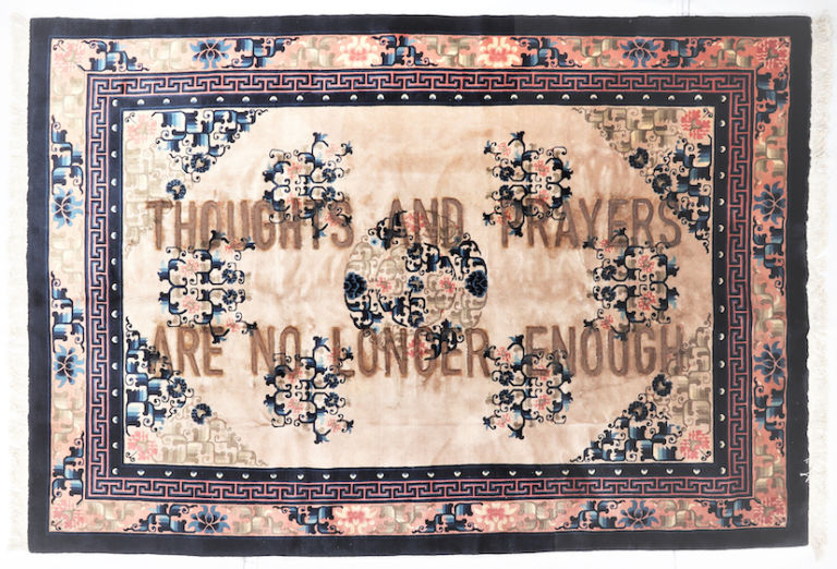 Loredana Longo, Carpet # 26 - Thoughts and prayers are no long enough 2019 burning on Peking carpet, 273x184 cm © Loredana Longo courtesy Sahrai Milano/London , Galleria Francesco Pantaleone Palermo/MIlan