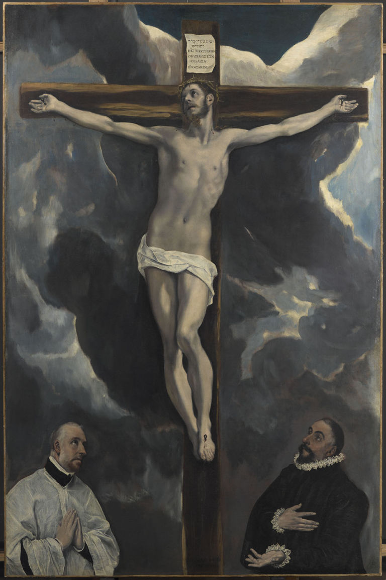 El Greco, Cristo in croce adorato da due donatori, 1595, olio su tela, 260 × 171 cm. Paris, musée du Louvre, département des Peintures. Photo © RMN-Grand Palais (musée du Louvre) /Tony Querrec