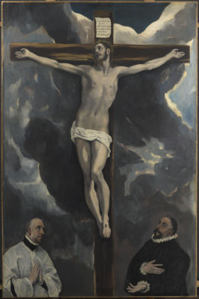 El Greco, Cristo in croce adorato da due donatori, 1595, olio su tela, 260 × 171 cm. Paris, musée du Louvre, département des Peintures. Photo © RMN-Grand Palais (musée du Louvre) /Tony Querrec