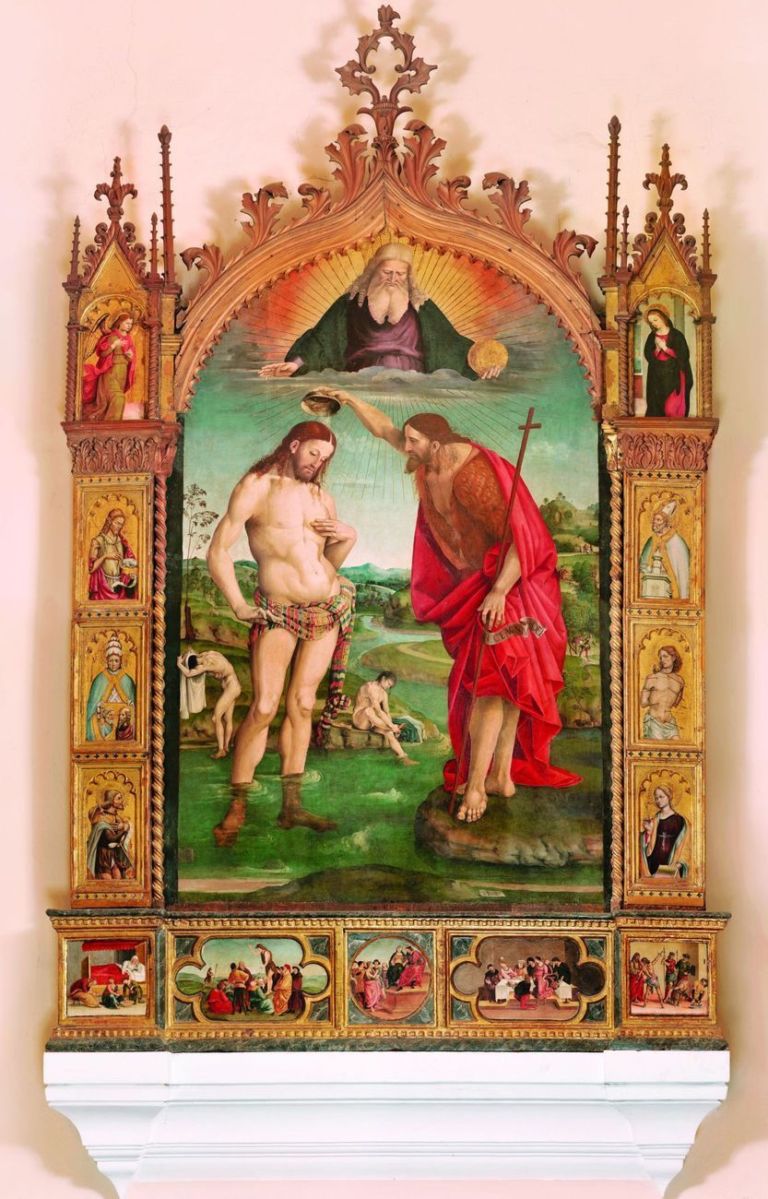 Luca Signorelli (e collaboratori per i dipinti e Corrado Teutonico autore cornice), Battesimo di Cristo, Santi e Scene della vita del Battista,1508, inizio XVI secolo, olio su tavola (manufatto ligneo intagliato)