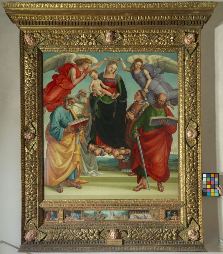 Luca Signorelli, Madonna col Bambino tra i Santi Pietro, Paolo, Bernardo e Stefano. Predella con Storie del Battista, 1515-1520, 1515-1520, olio su tavola trasportato su tela, Roma Castel Sant'Angelo Polo Museale