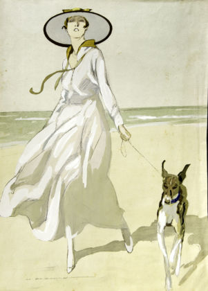 Marcello Dudovich, Donna sulla spiaggia con cane, 1922. Collezione privata