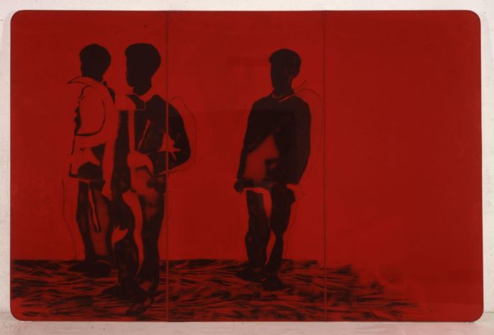 Mario Schifano, Compagni compagni, 1968, smalto e spray su tela e perspex, 200 x 300 cm. Collezione privata