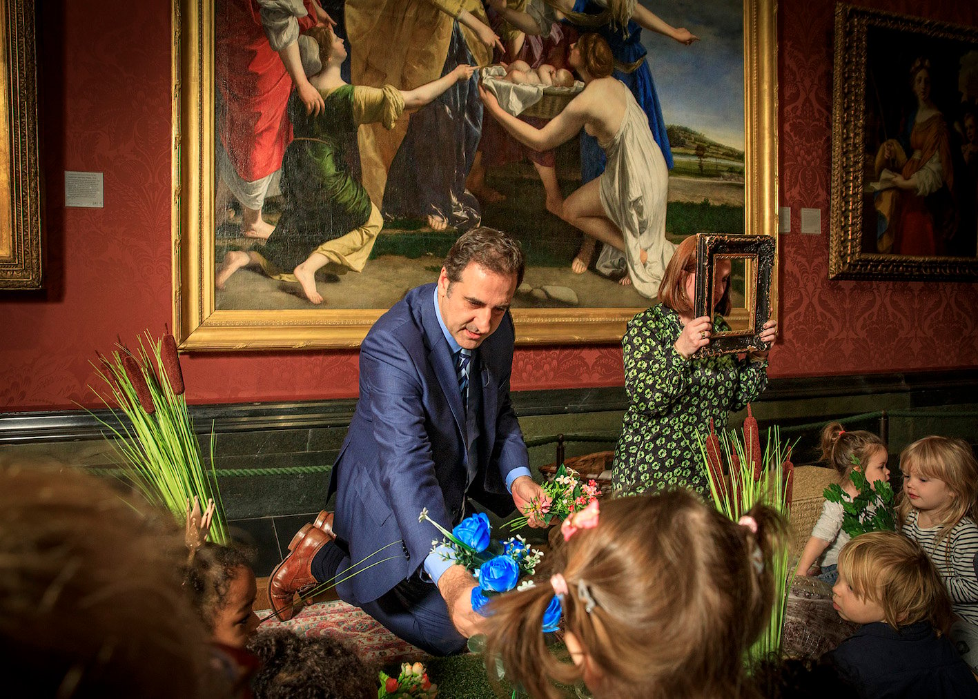 National Gallery Director, Dr Gabriele Finaldi, launching the #SaveOrazio Appeal by hosting a The Finding of Moses storytelling session with a group of children from the Soho Family Centre. Photo © The National Gallery, London