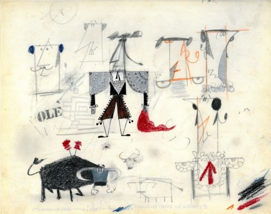Pino Pascali, 1962, Salvador e toro, tecnica mista su carta, cm 22x28