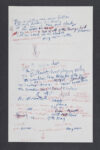 A set of working lyrics in Joe Strummer and Mick Jones' handwriting for the song The Card Cheat, 1979. The Card Cheat was released on the London Calling album in 1979. It features approximately 24 lines in blue pencil and red ink on white notepaper, with extensive additions and deletions as Strummer and Jones worked out the song's wording. © The Clash