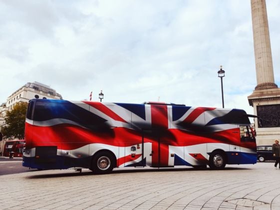 York Pullman Coaches wrapped in British flag, courtesy Mark Hinchliffe