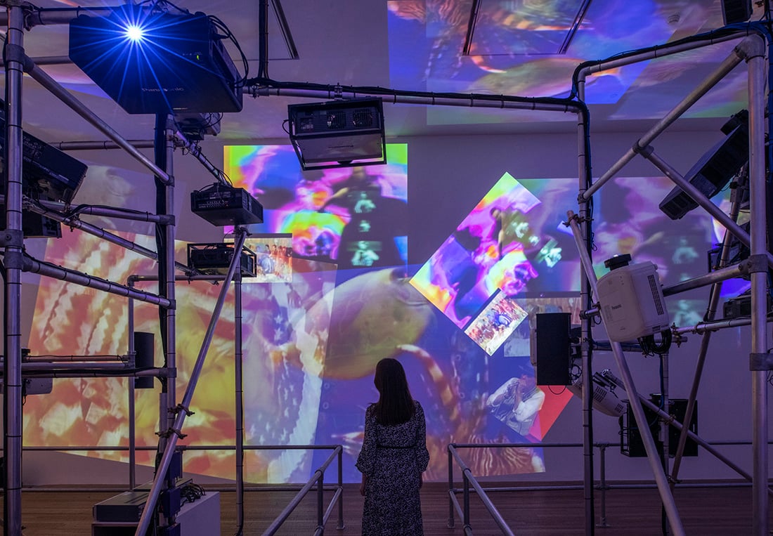 Nam June Paik, Sistine Chapel 1993. Install view, Tate Modern 2019. Courtesy of the Estate of Nam June Paik. © Estate of Nam June Paik Photo Andrew Dunkley © Tate