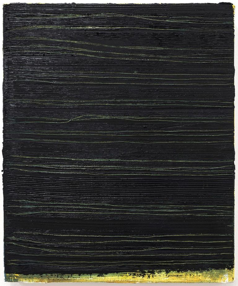 Alessandro Sarra, Neroverde, 2017, olio su tela e graffio, cm 42x35