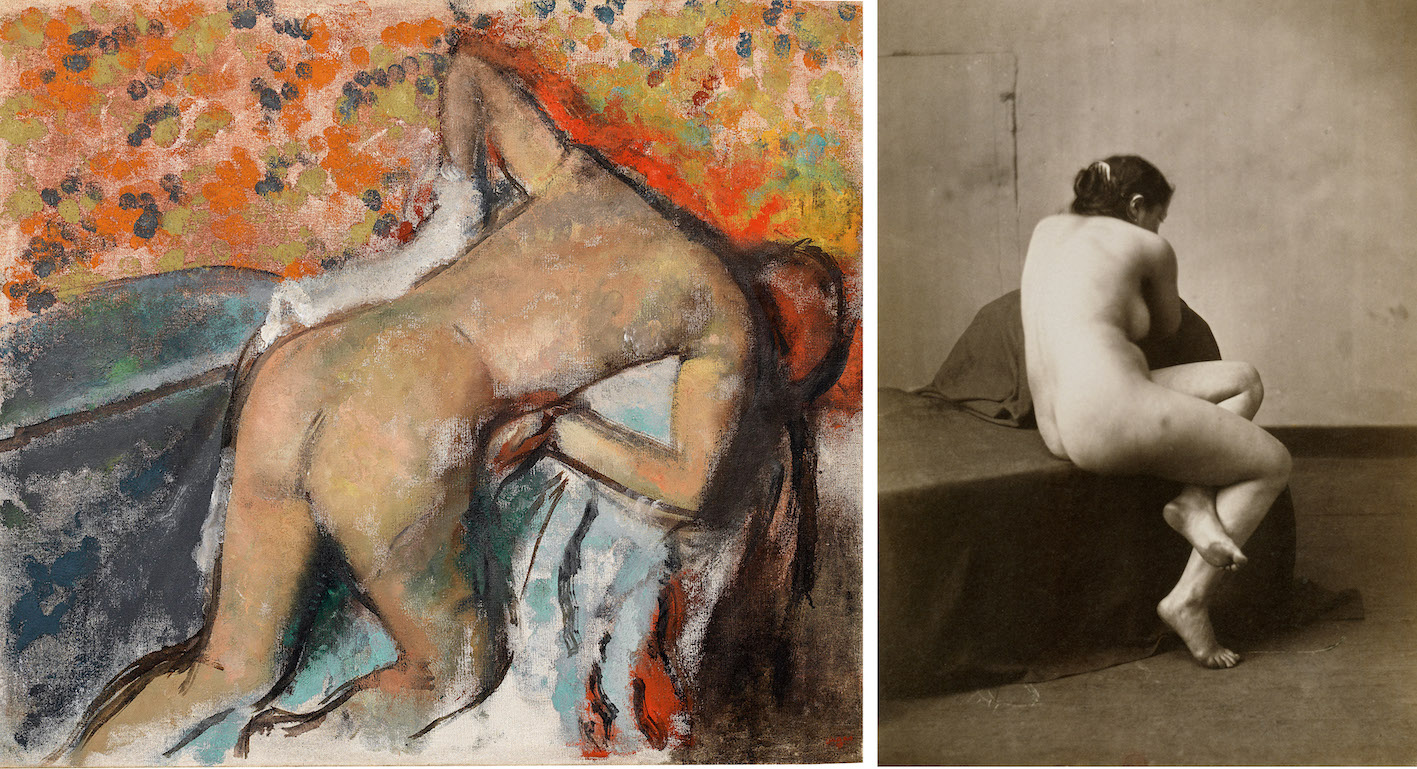 Gli Impressionisti e la fotografia - Museo Thyssen. A sinistra, Degas “Dopo il bagno, donna che si asciuga” (decade 1890). A destra, Paul Berthier- Studio del naturale n.1 1885