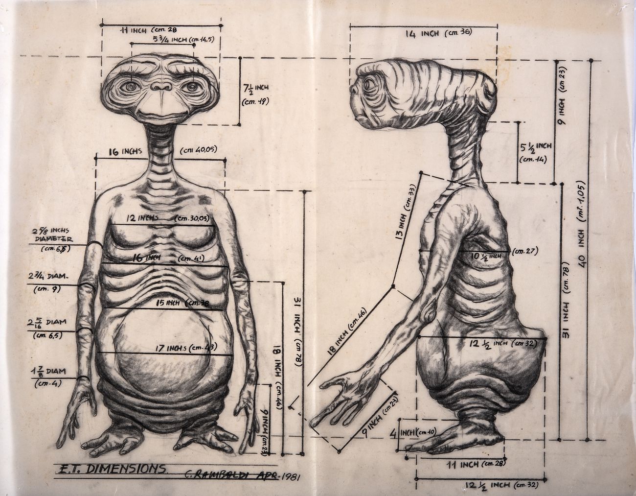 Carlo Rambaldi, Studio con proporzioni e movimenti di ET © Fondazione