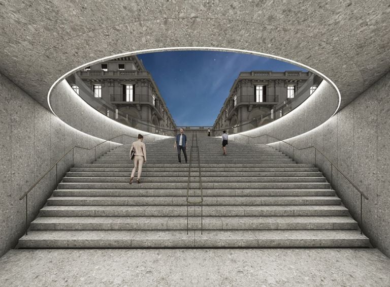 Centro Piacentiniano, Bergamo. Ingresso all'Albergo Diurno da Piazza Dante in notturna. Photo credit Gruppo Flânerie