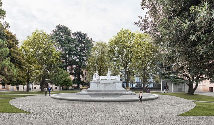 Centro Piacentiniano, Bergamo. Vista su Piazza Cavour e sul monumento a Gaetano Donizzetti. Photo credit Gruppo Flânerie