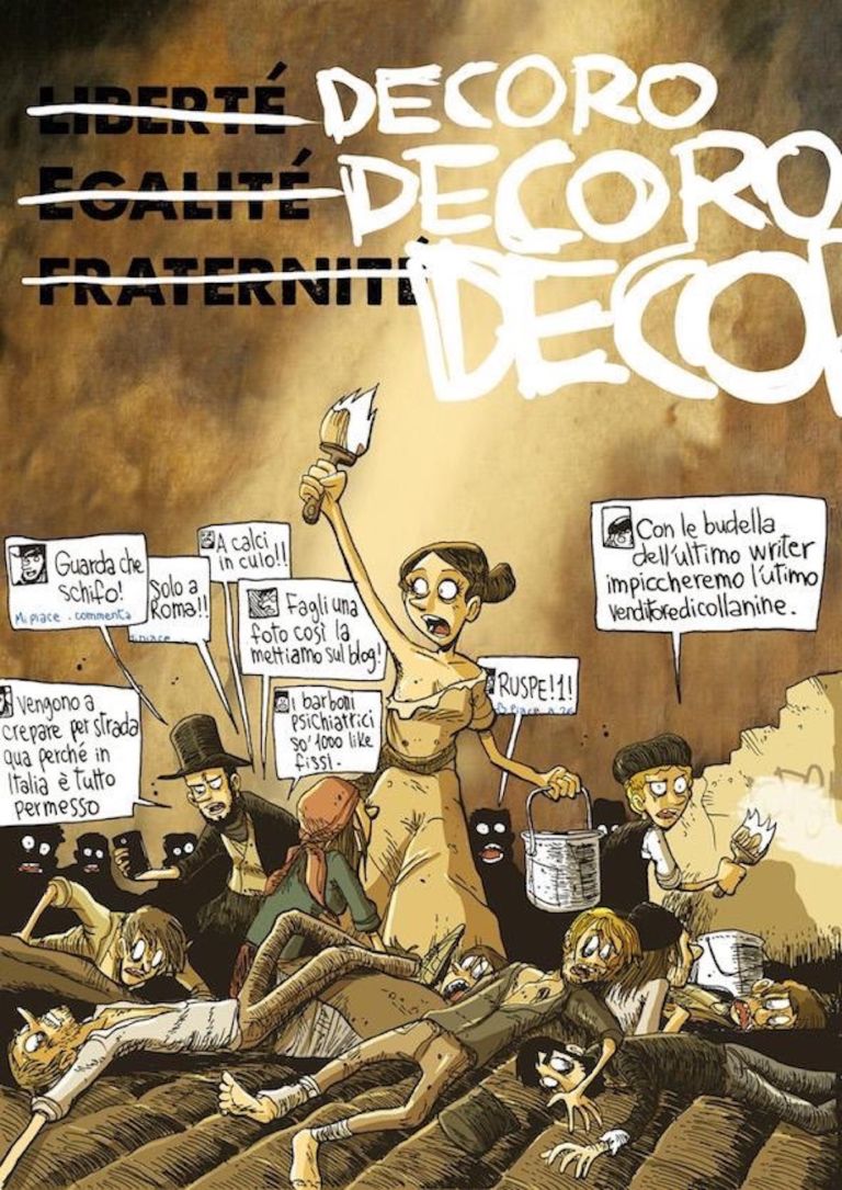 Decoro, Decoro, Decoro, 2015, Courtesy Zerocalcare, finta rivista free press distribuita nelle metro A e B della capitale per lanciare la campagna “Roma Comune”