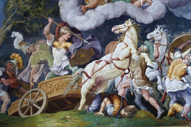 Giulio Romano e bottega, Diomede combatte contro i fratelli Ideo e Fegeo. Mantova, Complesso Museale Palazzo Ducale, Sala di Troia