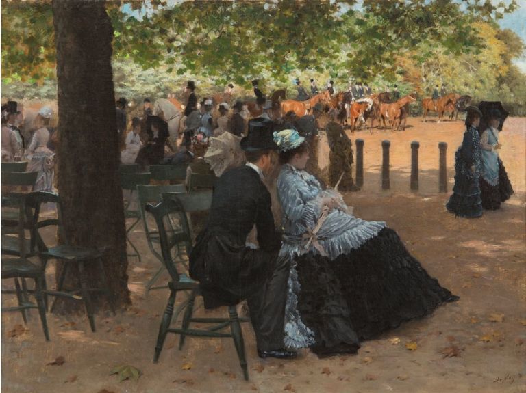 Giuseppe De Nittis, Flirt, Hyde Park (Accanto alla pista), 1874, olio su tela, cm 33 x 43. Collezione privata. Courtesy Enrico Gallerie d’Arte