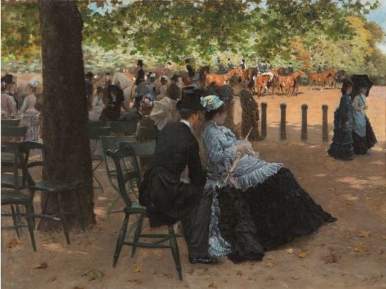 Giuseppe De Nittis, Flirt, Hyde Park (Accanto alla pista), 1874, olio su tela, cm 33 x 43. Collezione privata. Courtesy Enrico Gallerie d’Arte