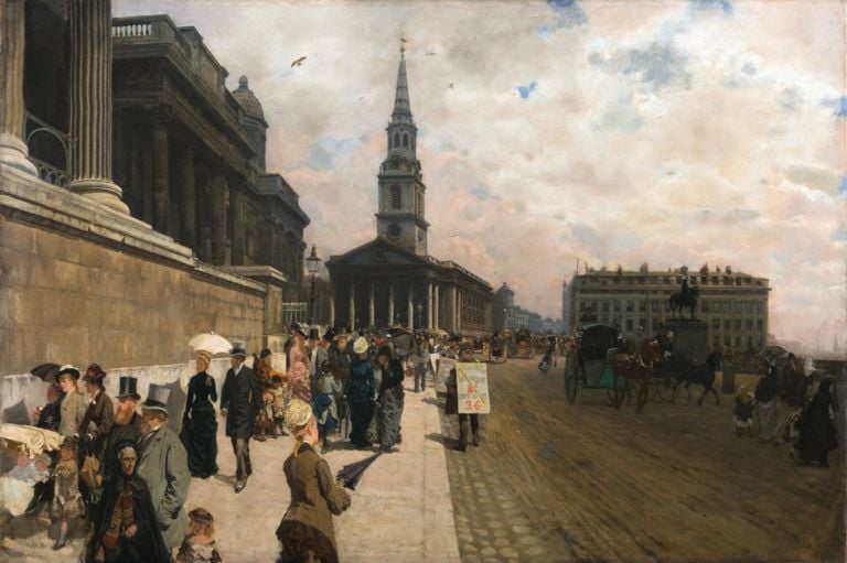 Giuseppe De Nittis, La National Gallery e la chiesa di Saint Martin a Londra, 1877, olio su tela, cm 71 x 105,5. Parigi, Petit Palais, Musée des Beaux Arts de la Ville de Paris