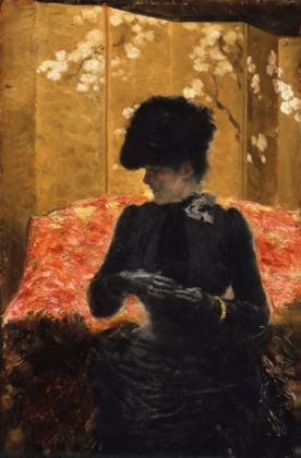 Giuseppe De Nittis, Signora sul divano rosso, 1876, olio su tela, cm 41 x 27. Collezione privata